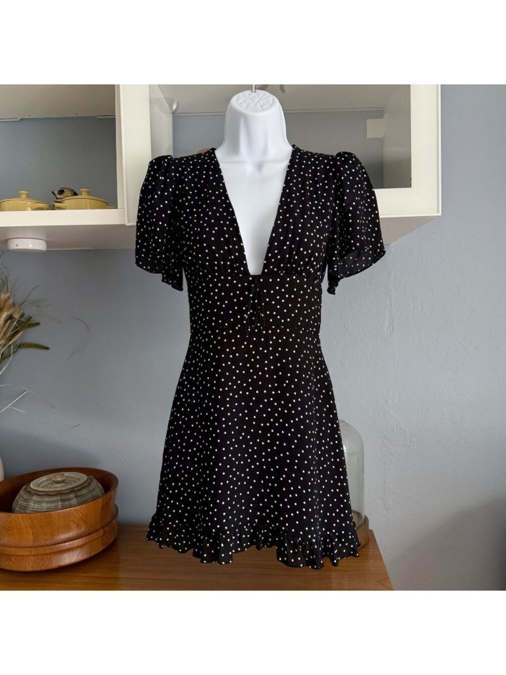 Reformation Mya Black White Polka Dot Mini Dress V-Neck - Picture 2 of 9